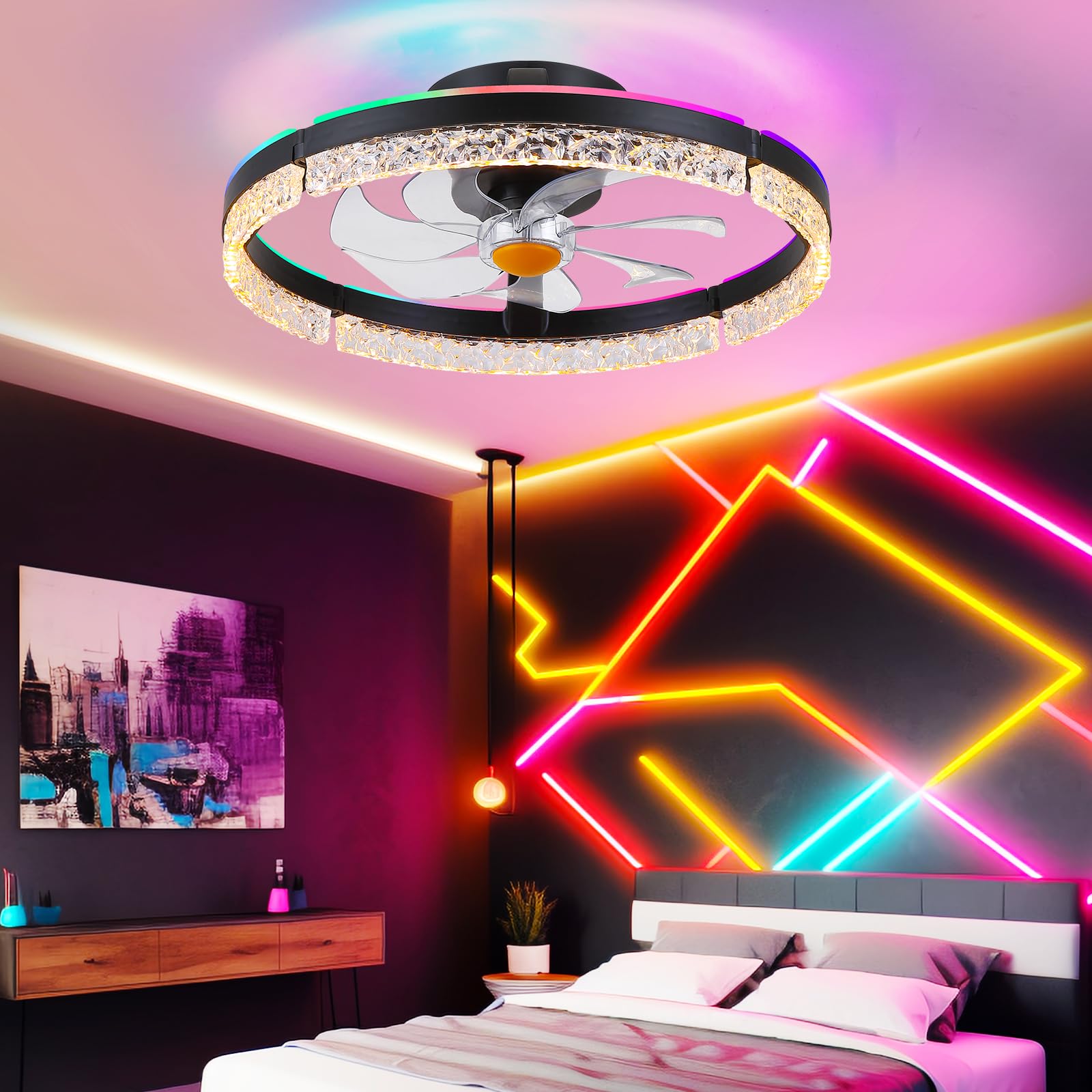 Kviflon Ventilateur de Plafond Sans Pales avec Lampe LED RGB 51cm, Plafonnier Rond Silencieux et Dimmable, Luminaire Design Connecté avec App et Télécommande, Idéal pour Chambre, Salon, Cuisine