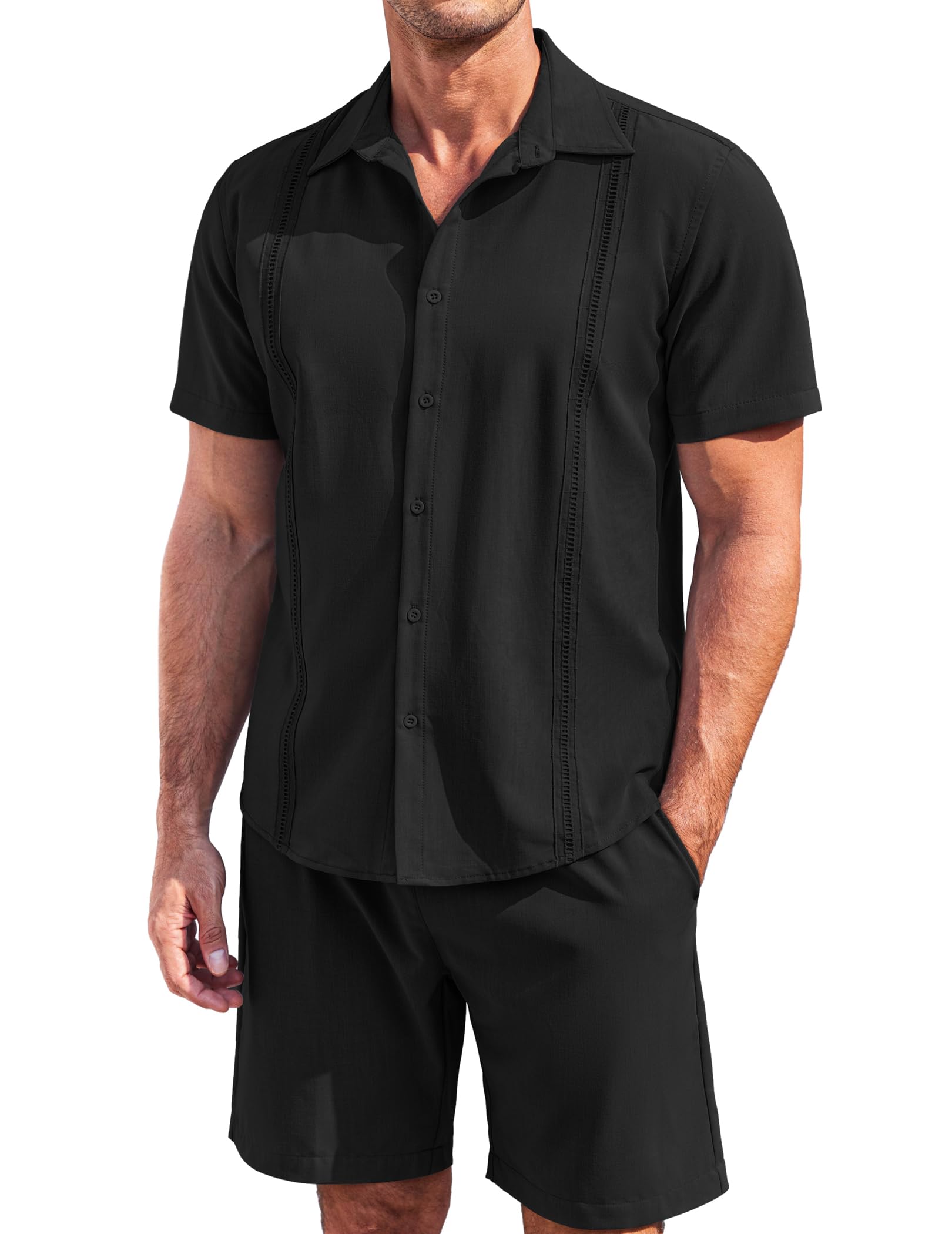 COOFANDY Men's 2 Piece Short Set Cuban Guayabera Shirts Short Sleeve Casual Beach Outfits Set