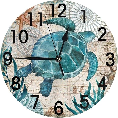 Miniatura 9 de Reloj de pared retro con mapa náutico de tortuga marina azul, funciona con pilas, silencioso, sin tictac, decoración de pared para el hogar,