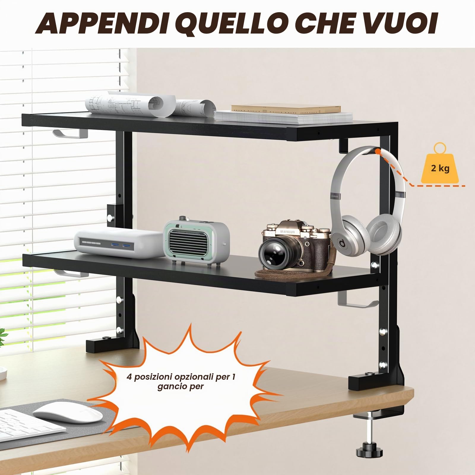 PUTORSEN 24 Pollici Morsetto su Scaffale da Scrivania, Scaffale a 2 Livelli Sopra o Sotto la Scrivania, Organizzatore da Personalizzabile per gli Accessori, Nero