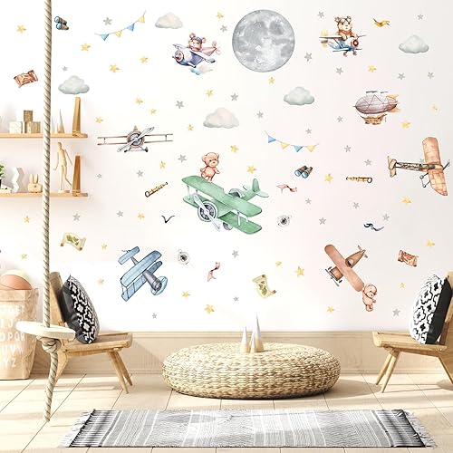Miniatura 9 de Calcomanías de pared vintage de avión, caricaturas, globos de animales, luna, estrella, nube, tela, calcomanías de pared, lindas calcomanías de