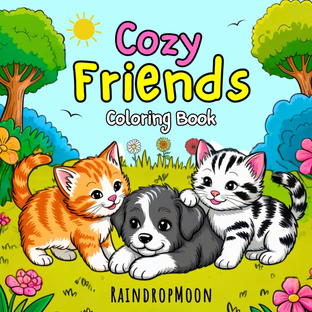 Cozy Friends Coloring book: 30 Cute Fun and Relaxing Animal Scenes Featuring a Dog and Two Cats for Teens and Adults