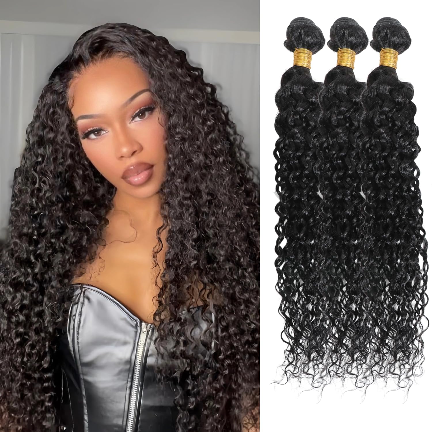 Photo 1 of Water Wave Bundles Human Hair 20 20 20 Inch Human Hair Bundle 100% Unprocessed Brazilian Virgin Hair 3 Bundles Human Hair Extensions for Black Women Natural Color