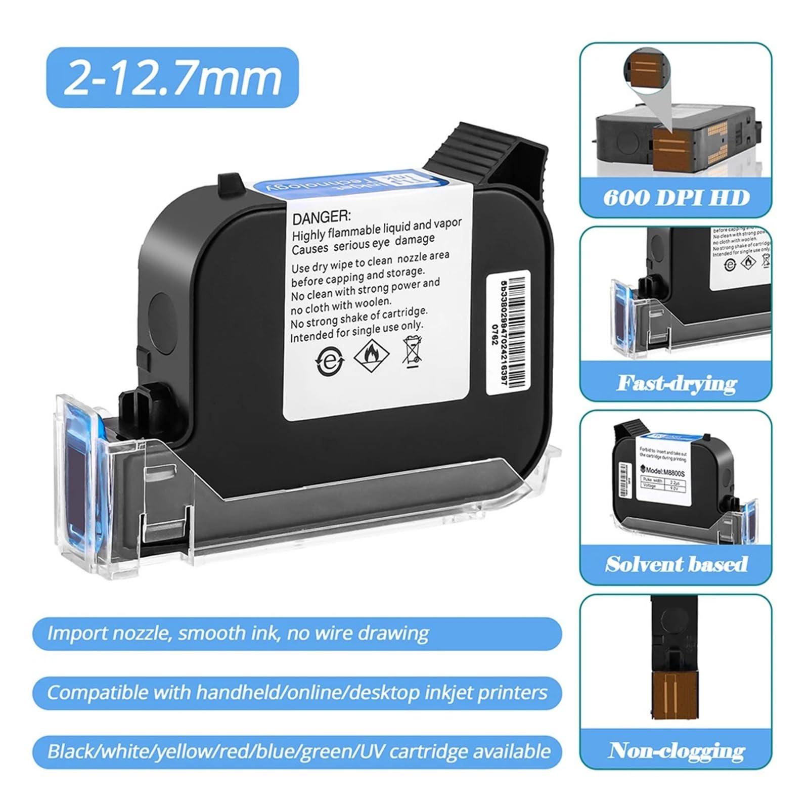 Cartuccia for stampante a getto d'inchiostro portatile online da 1/2/3/5 pezzi, inchiostro solvente impermeabile ad asciugatura rapida nero da 12,7 mm Su Cartone, Legno(1PCS)