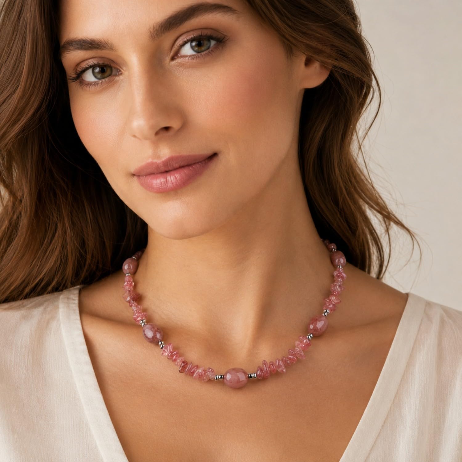 GAVU Crystal Chunky Necklace for Women, Women’s Gemstone Beaded Choker Strawberry Quartz Australian Jade Turquoise Necklace