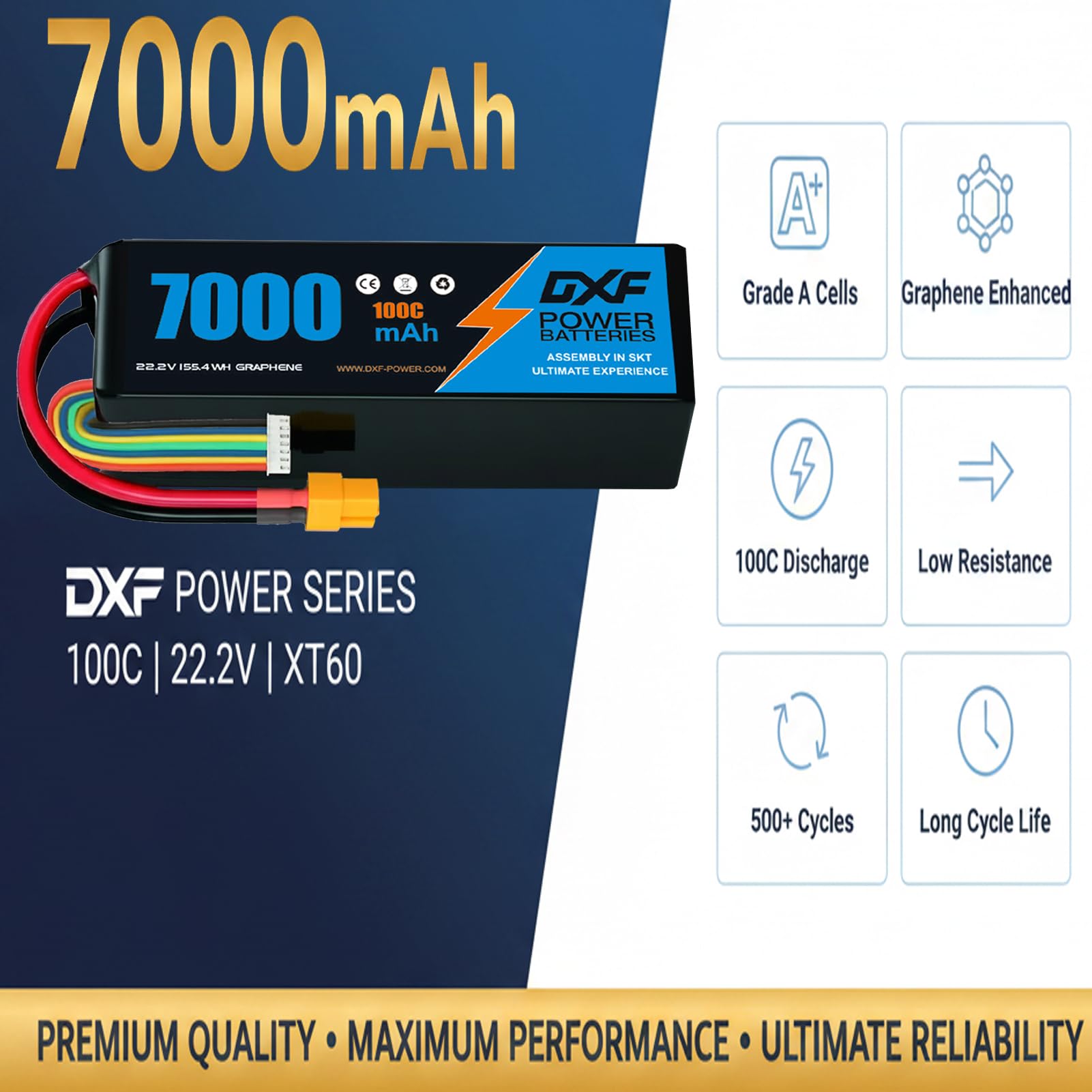 DXF 1 confezione di BATTERIA LIPO, BATTERIA LIPO 6S con 22,2 V, 7000 mAh, scarica 100 C, connettore XT60, per droni, aerei RC, camion, elicotteri e altro, LIPO 6S, 6S LIPO, batteria in formato 6S1P