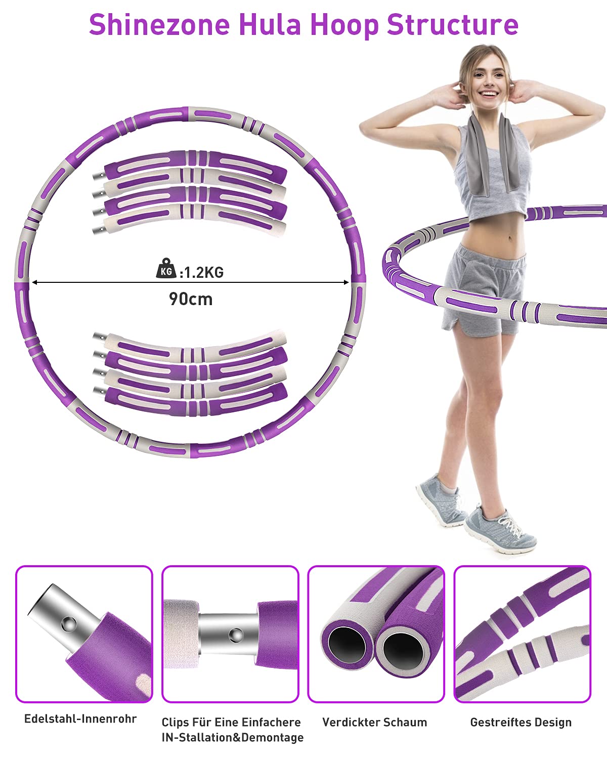 8-teiliger Hula Hoop Reifen 2,3 Kg, 100 Cm – Zusammenklappbarer Fitness-Hoop Für Erwachsene & Kinder