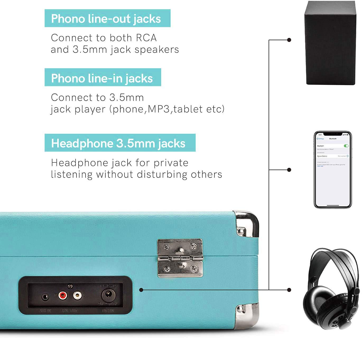Byron Statics Vinyl Record Player, 3 Speed Turntable Record Player with 2 Built in Stereo Speakers, Replacement Needle, Supports RCA Line Out, AUX in, Portable Vintage Suitcase
