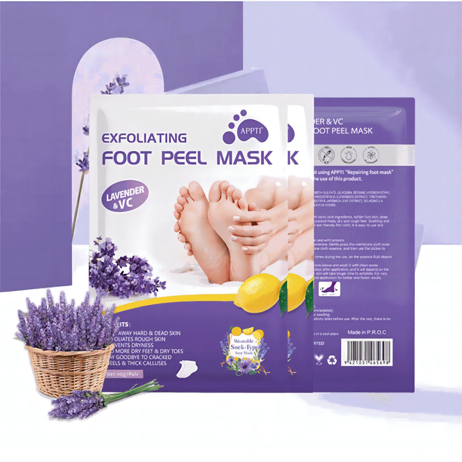 Joyeee Maschera Piedi Esfoliante, Lavender Foot Peel Mask, Efficace Peeling Piedi, Scrub Piedi e rimozione Calli dei Piedi, per Uomini e Donne, 5 paia