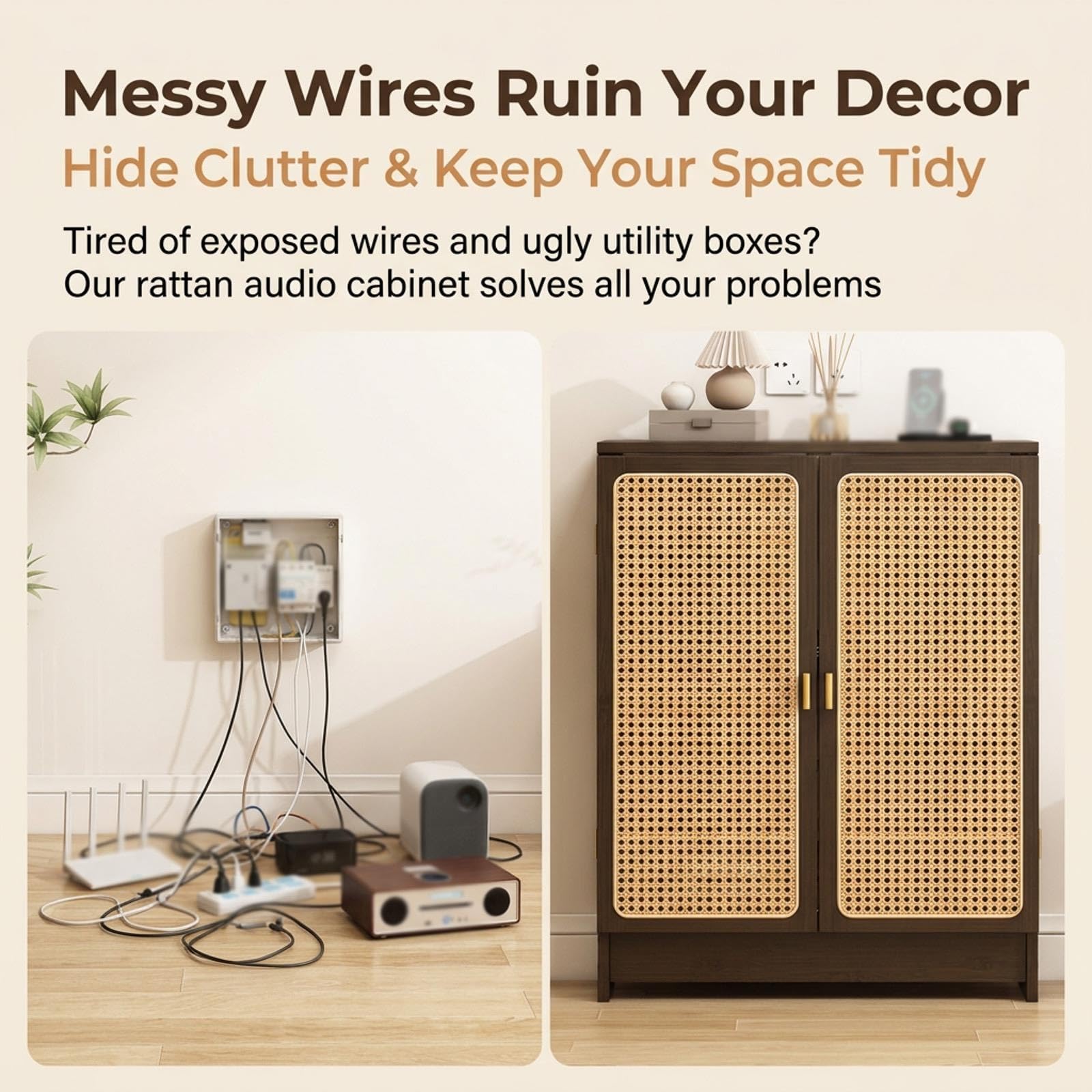 Mueble Audio Multimedia de Suelo con Puerta de Ratán