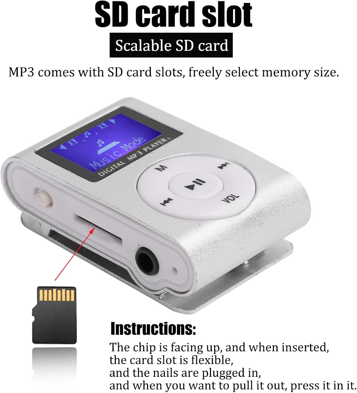 Seite view of the MP3 player showing the SD card slot and headphone jack.