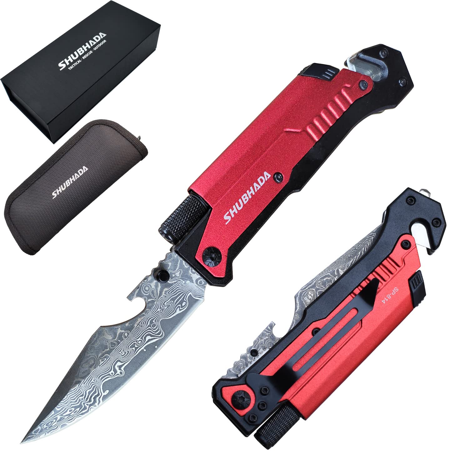 Damascus Steel Folding Pocket Knives Multi Function Emergency Tool Knives Led Light Magnesium fire starter Seatbelt cutter Glass breaker Bottle opener (Red)