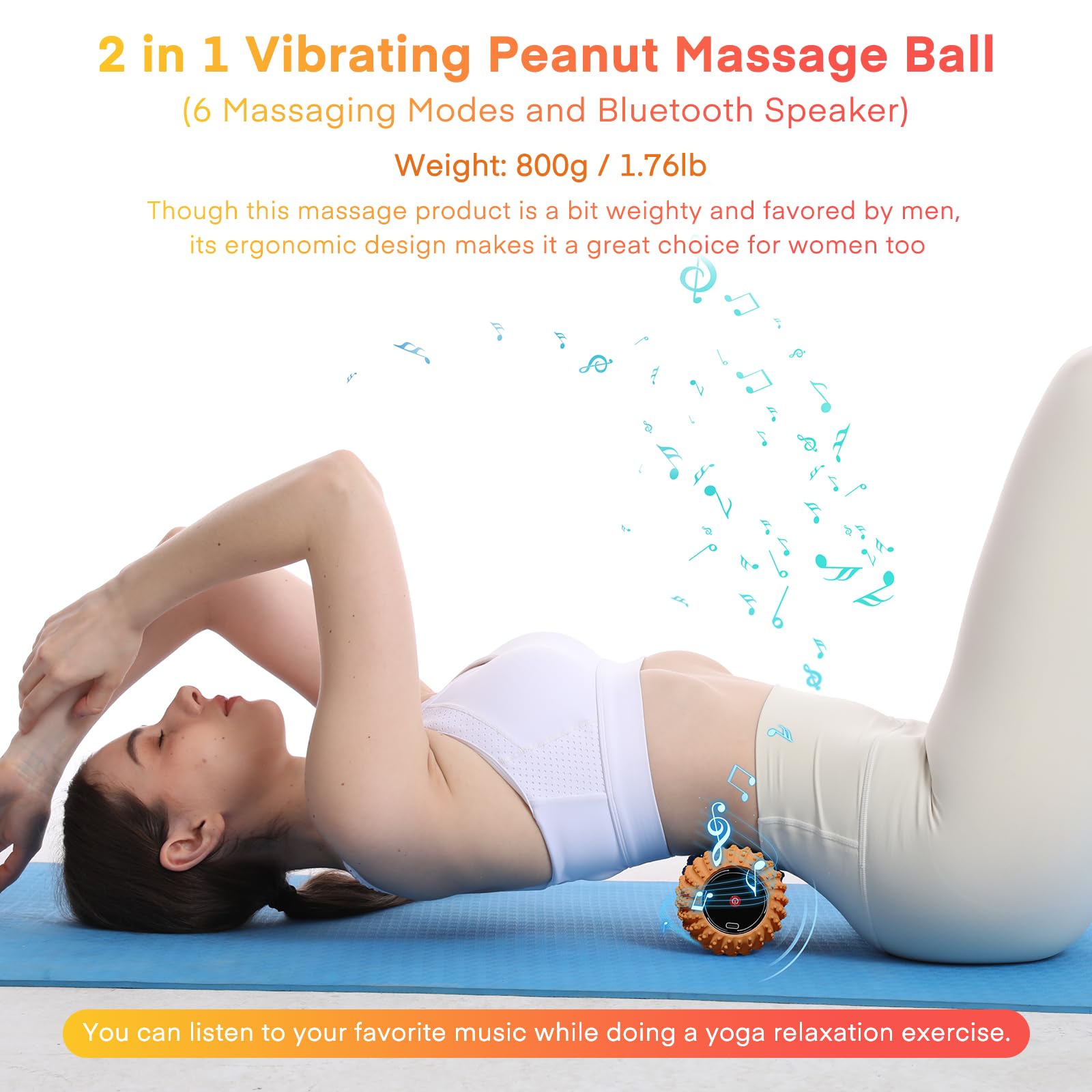 Bola de masaje vibratoria 2 en 1 con 6 modos de masaje y altavoz Bluetooth, bola de masaje vibratoria recargable para recuperación muscular, naranja