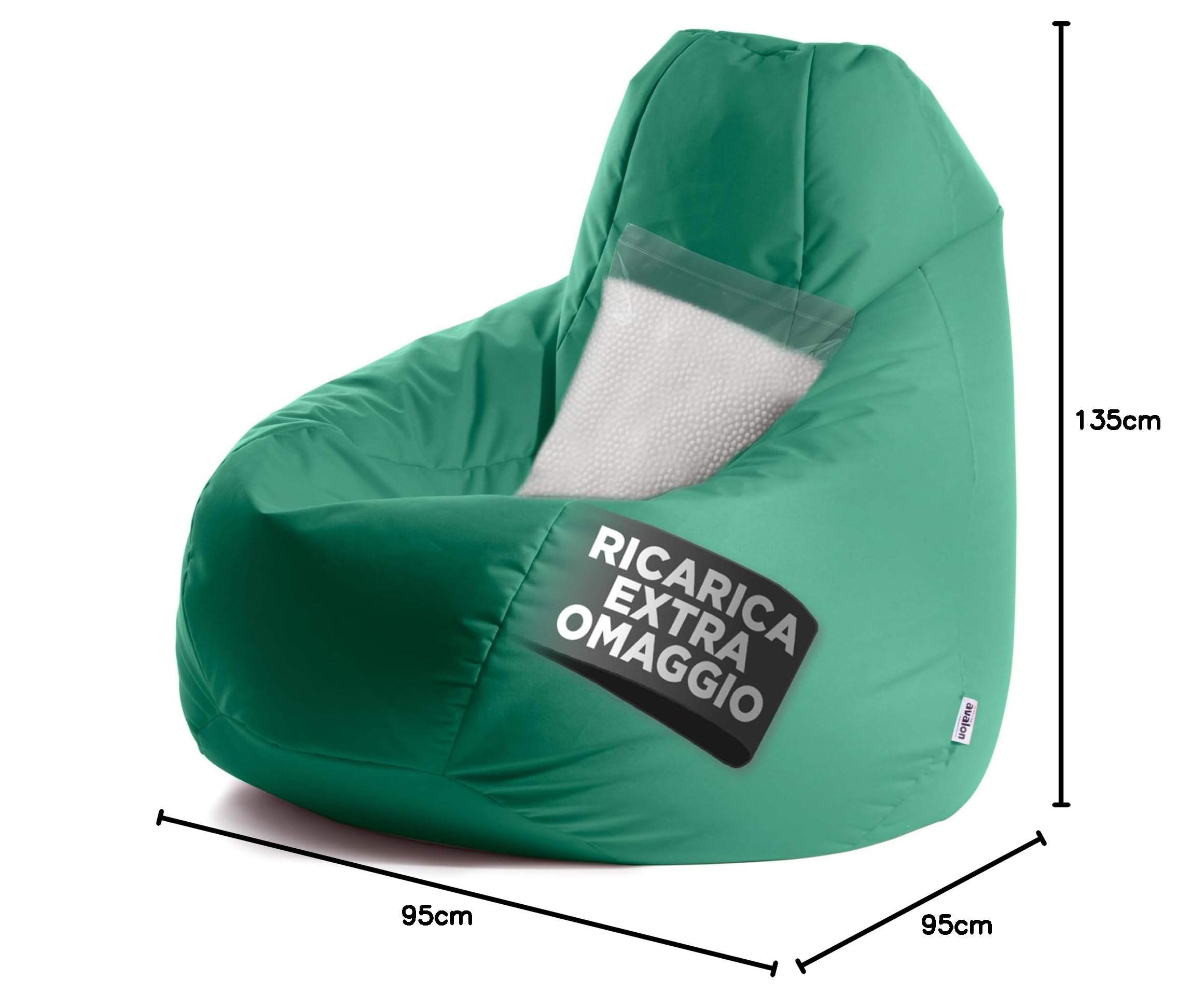 Avalon - Puff Poltrona Sacco XXL Jive Deluxe Sfoderabile, Pouf Sacco di Qualità Sartoriale, Bean Bag per Sedersi Ergonomico, Tessuto Antistrappo Impermeabile, Made in Italy(95x135cm-Verde smeraldo)