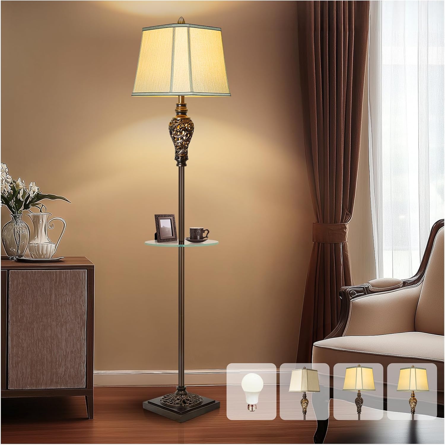 Rustic Floor Lamp for Living Room with Nightlight and Glass Tray, Vintage Standing Lamp with Beige Faux Silk Shade, Farmhouse Tall Lamp for Bedroom Study Home Office Hotel Bar - Brown (Bulb Included) Brown with Tray