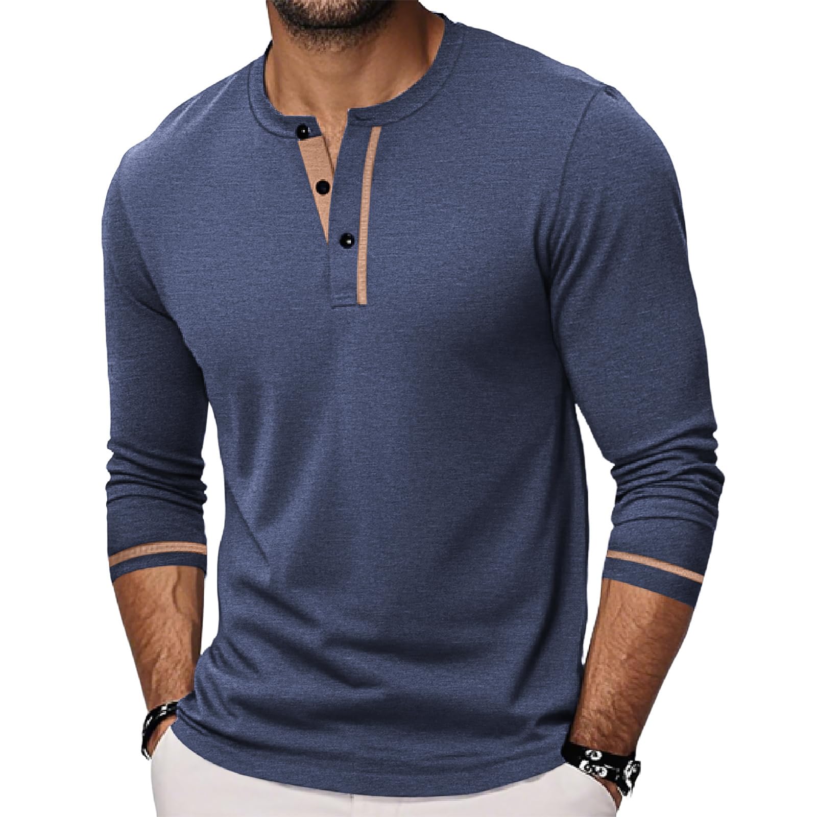 Herren Langarm Henley Shirts Lässiges Slim Fit T-Shirt für Herren Einfarbiges Oberteil mit Knöpfen