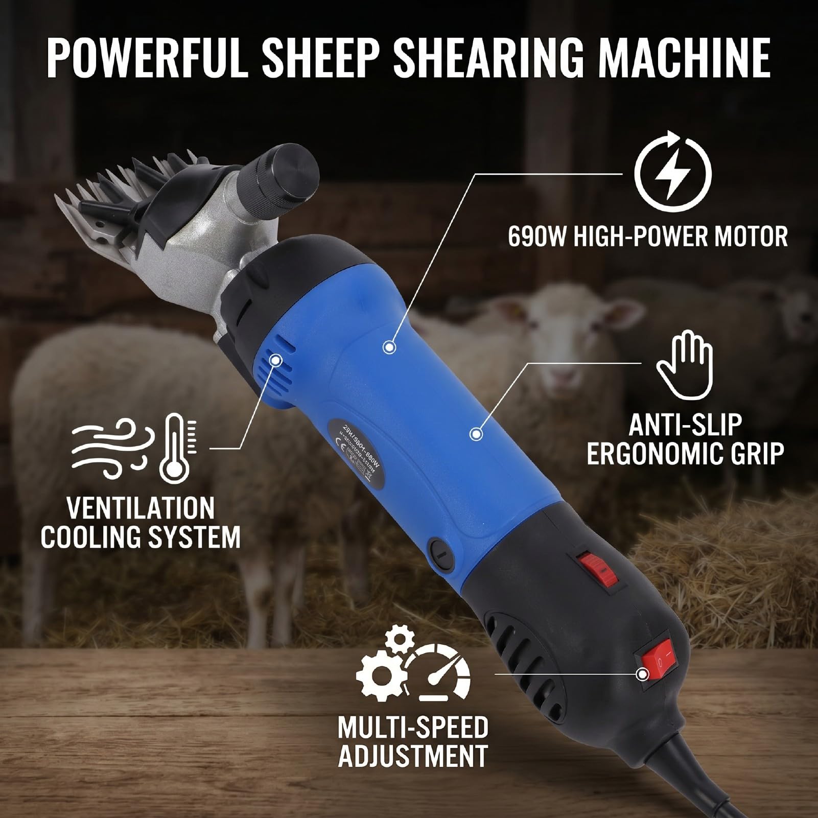 Sxhlseller Kit per Toelettatura Agricola 690W |Tosatrice per Pecore Elettrica per Carichi Pesanti per Pelo Spesso, Tosatrice per Animali a più velocità con Vibrazioni Ridotte, Protezione Dal (Spina