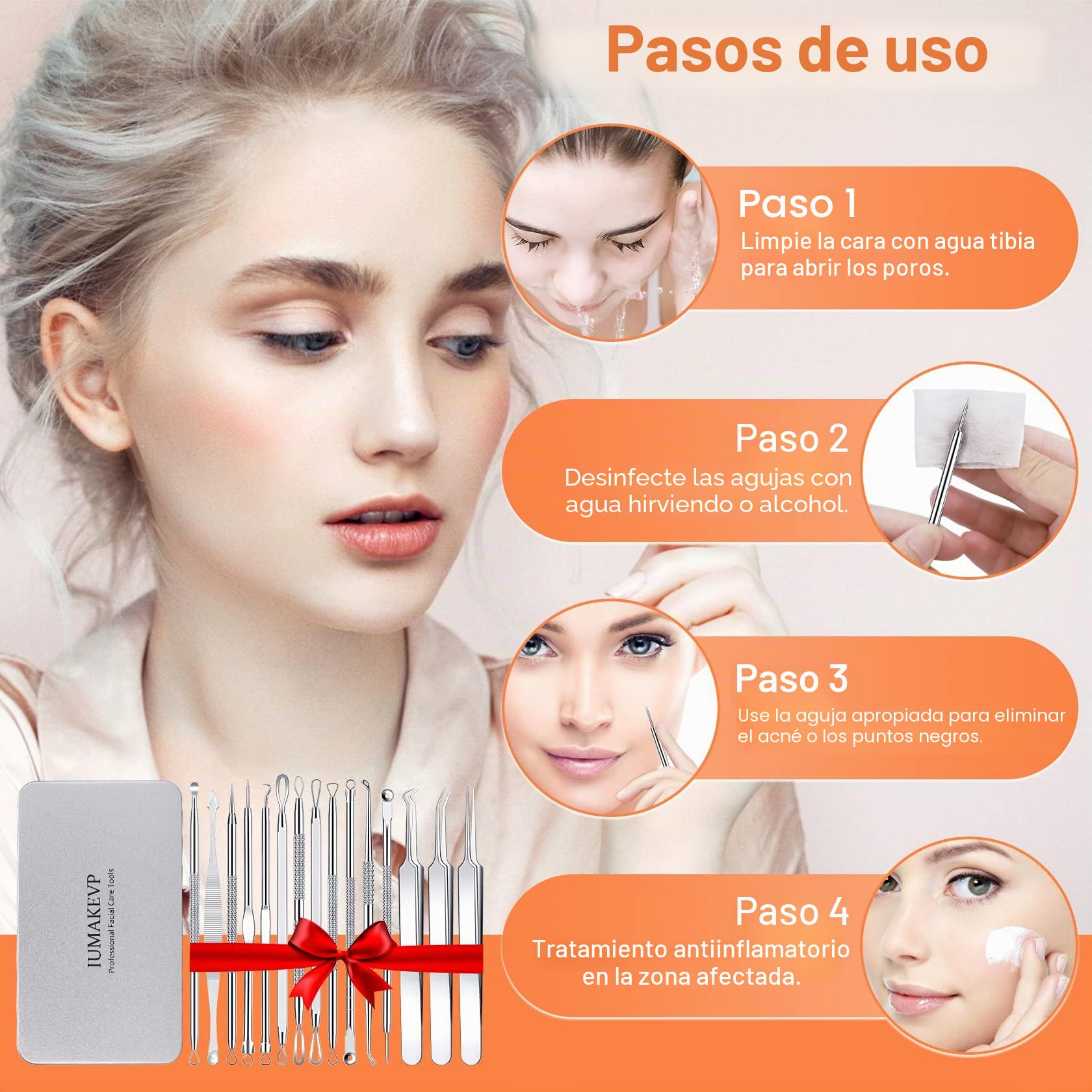 IUMAKEVP - Kit de herramientas profesionales para eliminar espinillas y comedones, 15 piezas de acero inoxidable
