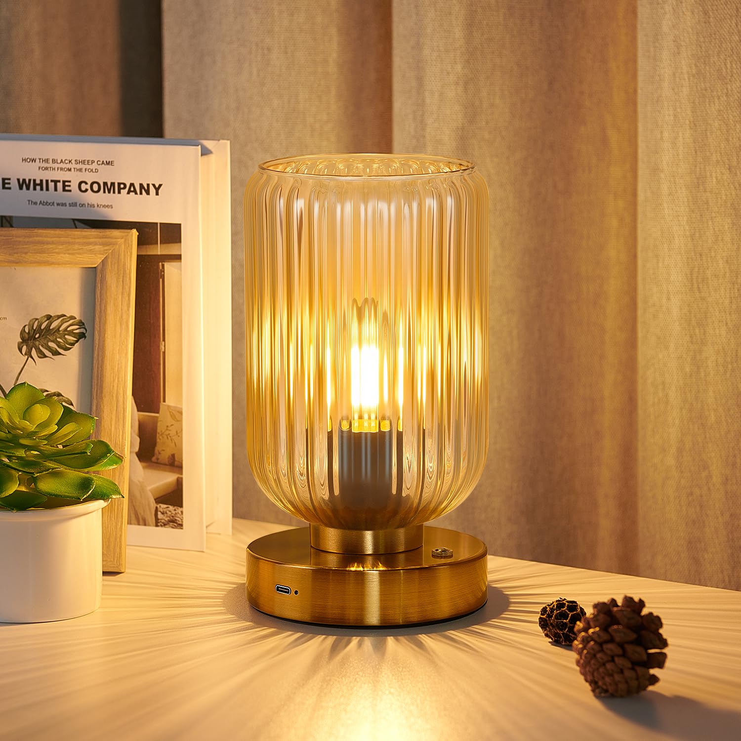 Photo 1 of LightRound Table Lamp for Bedroom, Cordless Small Bedside Lamp, Touch Dimmable Rechargeable Lamp Battery Operated with Amber Glass Shades for Night Stands, Living Room, Desk, Bulb Included
