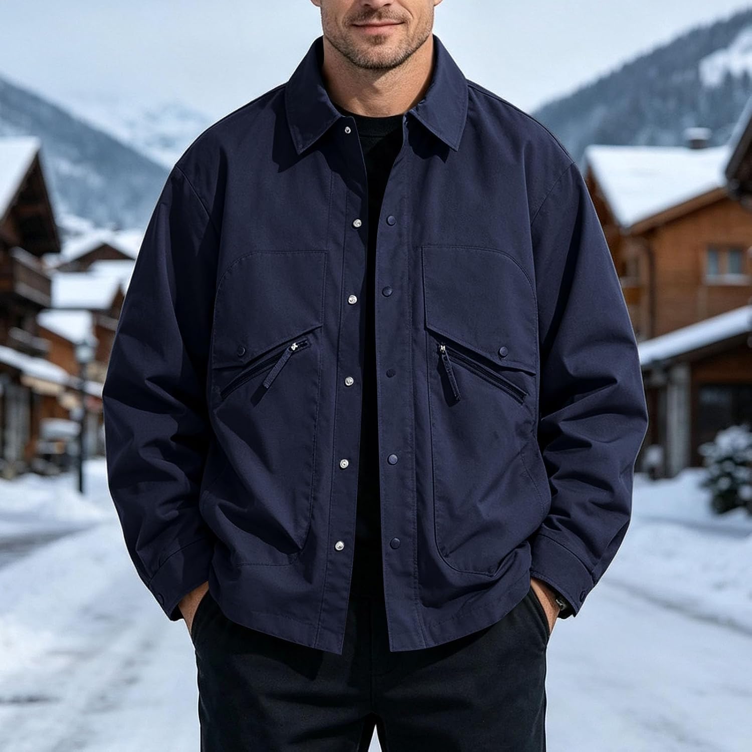 Mens Shacket Button Down Lightweight Jacket Coat With Zip Pocket