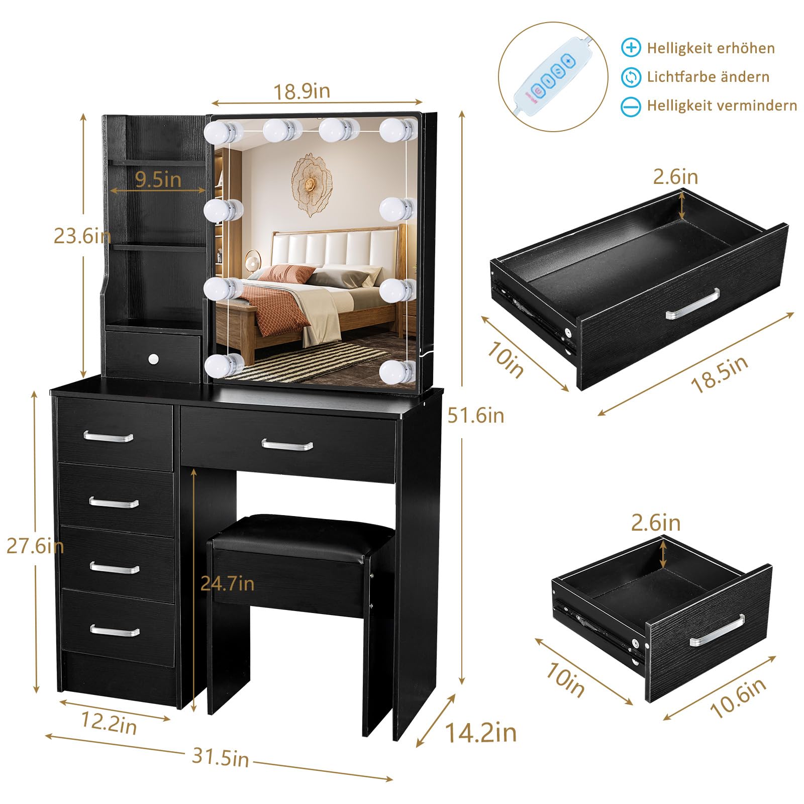 JBLCC Black Vanity Mirror with Lights Desk and Chair, Vanity with Lights, 6 Drawers & Open Shelves, 3-Mode Light & Sliding Door Mirror, Modern Lighted Vanity Desk for Bedroom