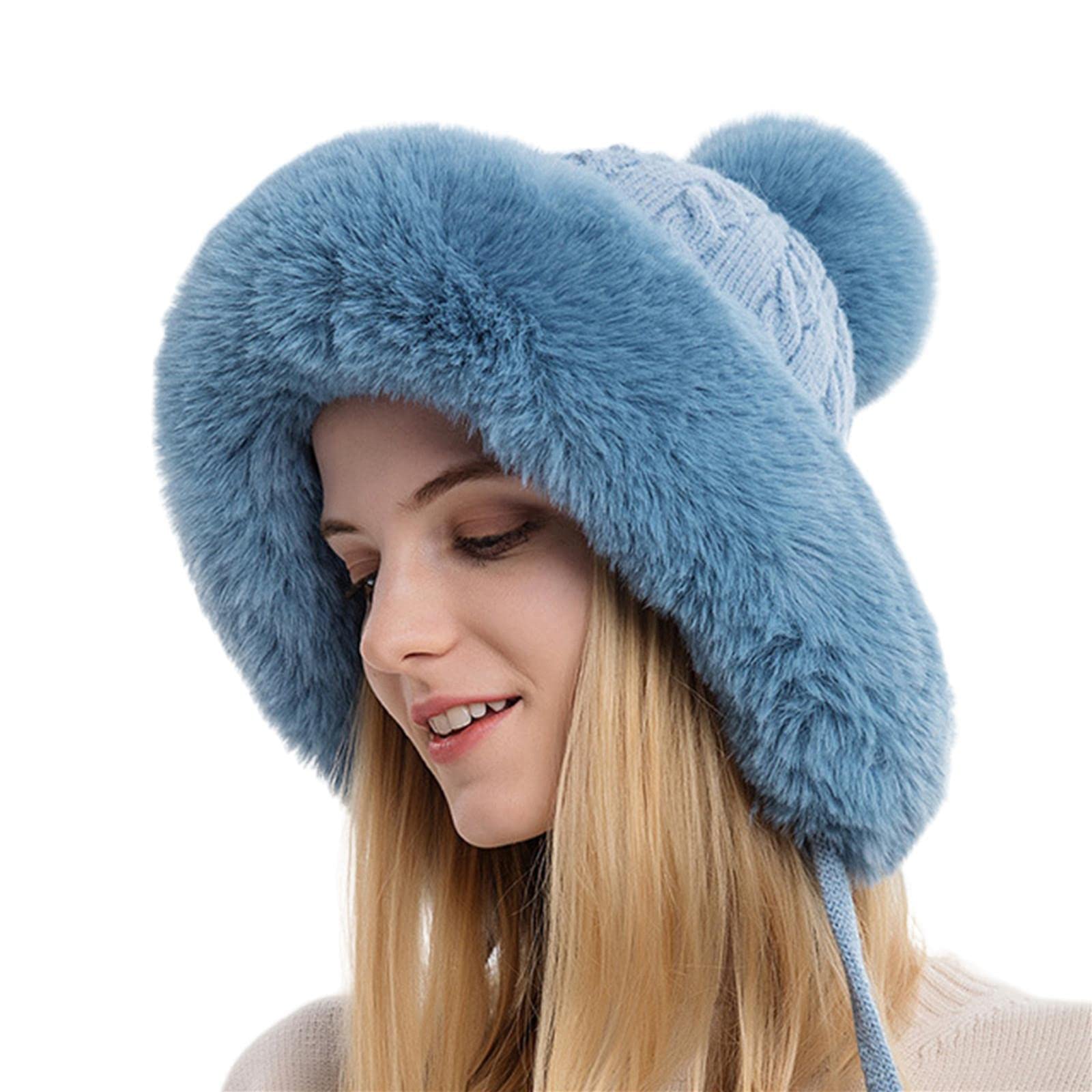 Scarf Women Winter Warm Rabbit Hair Knitted Hat Snow Ski Cap Cute Winter Beanie Caps Hats With Three Pom Pom For -Blue