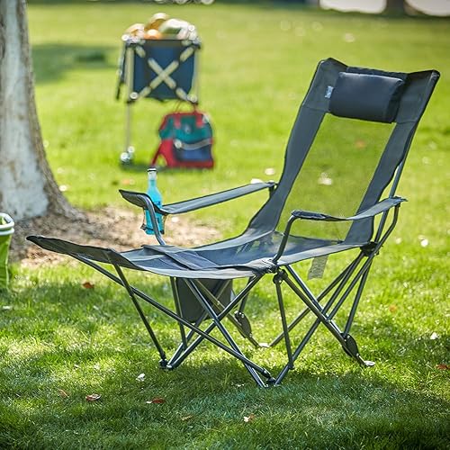 Vista 20 de Outdoor Living Suntime - Silla de malla plegable y portátil para campamento con reposapiés extraíble Azul
