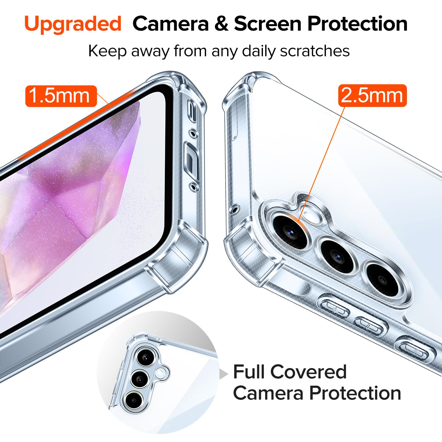 iVoler Anti Ingiallimento Chiaro Cover per Samsung Galaxy A35 5G con 3 Pezzi Vetro Temperato, Custodia Antiurto Trasparente per Assorbimento Degli Urti con Paraurti in TPU Morbido Sottile Case