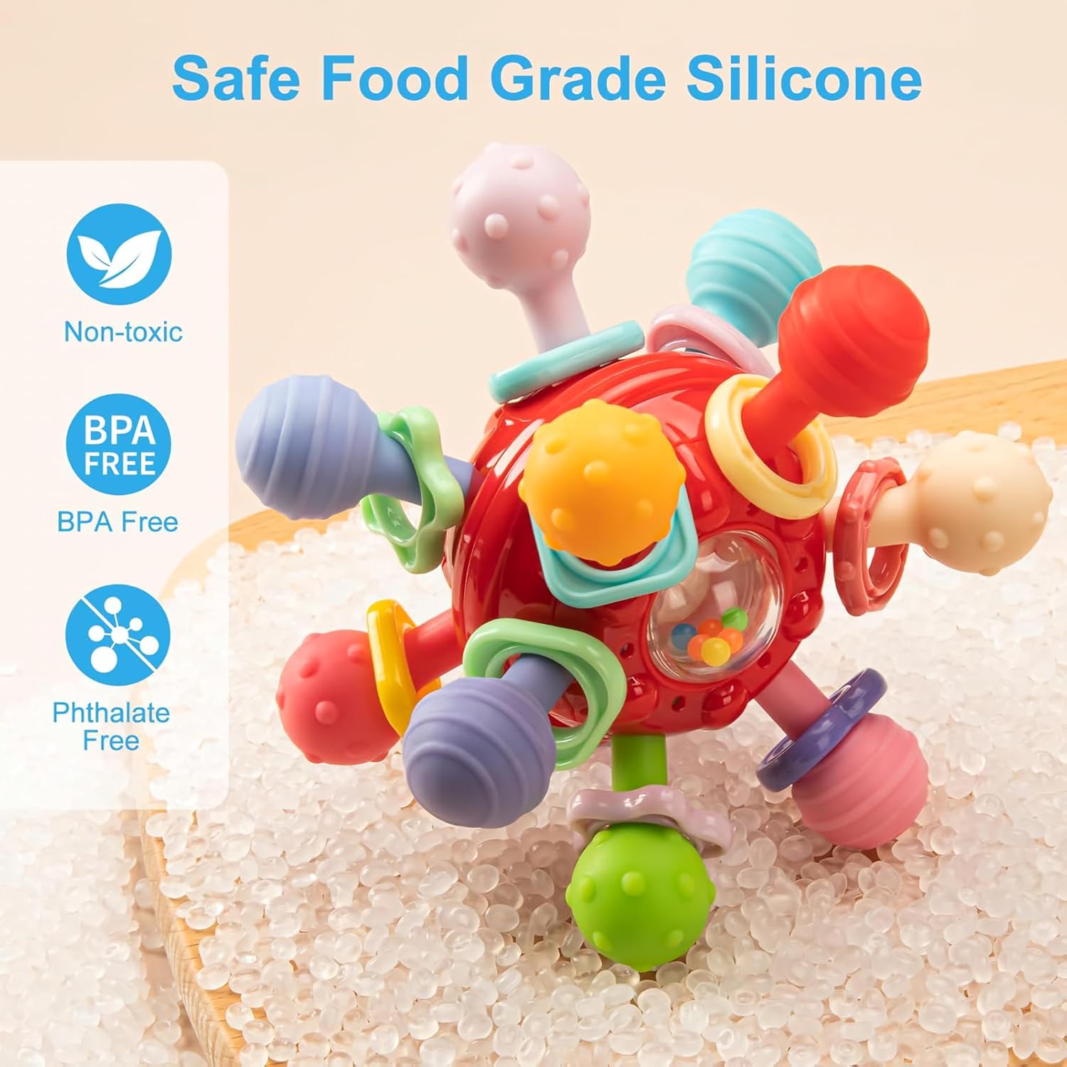 PB Prime Brands Silicone Baby Teether Ball Toy, BPA-Free Sensory Teething Toy for 3+ Months, Soft Chewable Textured Teether with Rattle, Colorful Grasping & Development Toy for Infants and Toddlers (Red) 3