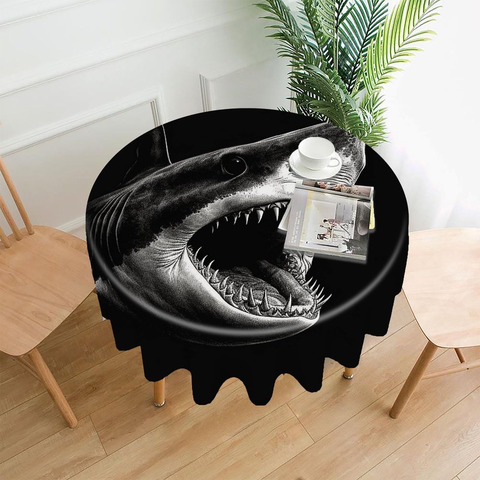 MUSM 60 Inch Black Shark Head Round Tablecloth Wipeable Washable Table Cover for Kitchen and Dining Room Decorative Table Cloth for Party Holiday Picnic Outdoor