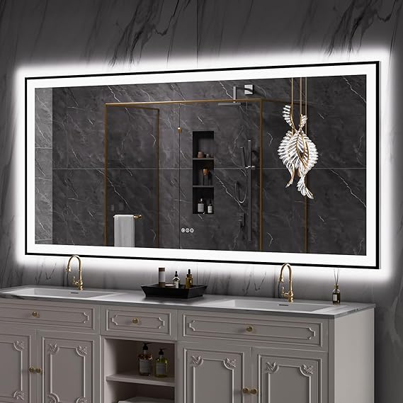 LOAAO 84"X40" LED Bathroom Mirror Black Framed, Anti-Fog, Dimmable, Lighted Bathroom Vanity Mirror for Wall, Memory Function, Tempered Glass