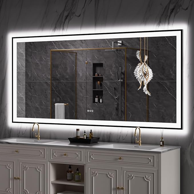 LOAAO 84"X40" LED Bathroom Mirror Black Framed, Anti-Fog, Dimmable, Lighted Bathroom Vanity Mirror for Wall, Memory Function, Tempered Glass
