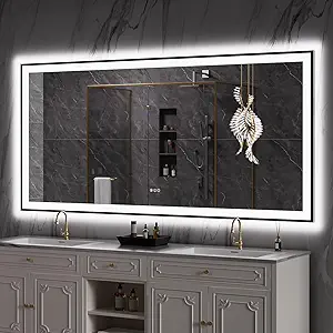 LOAAO 84"X40" LED Bathroom Mirror Black Framed, Anti-Fog, Dimmable, Lighted Bathroom Vanity Mirror for Wall, Memory Function, Tempered Glass