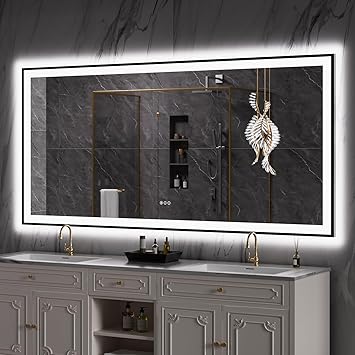 LOAAO 84"X40" LED Bathroom Mirror Black Framed, Anti-Fog, Dimmable, Lighted Bathroom Vanity Mirror for Wall, Memory Function, Tempered Glass