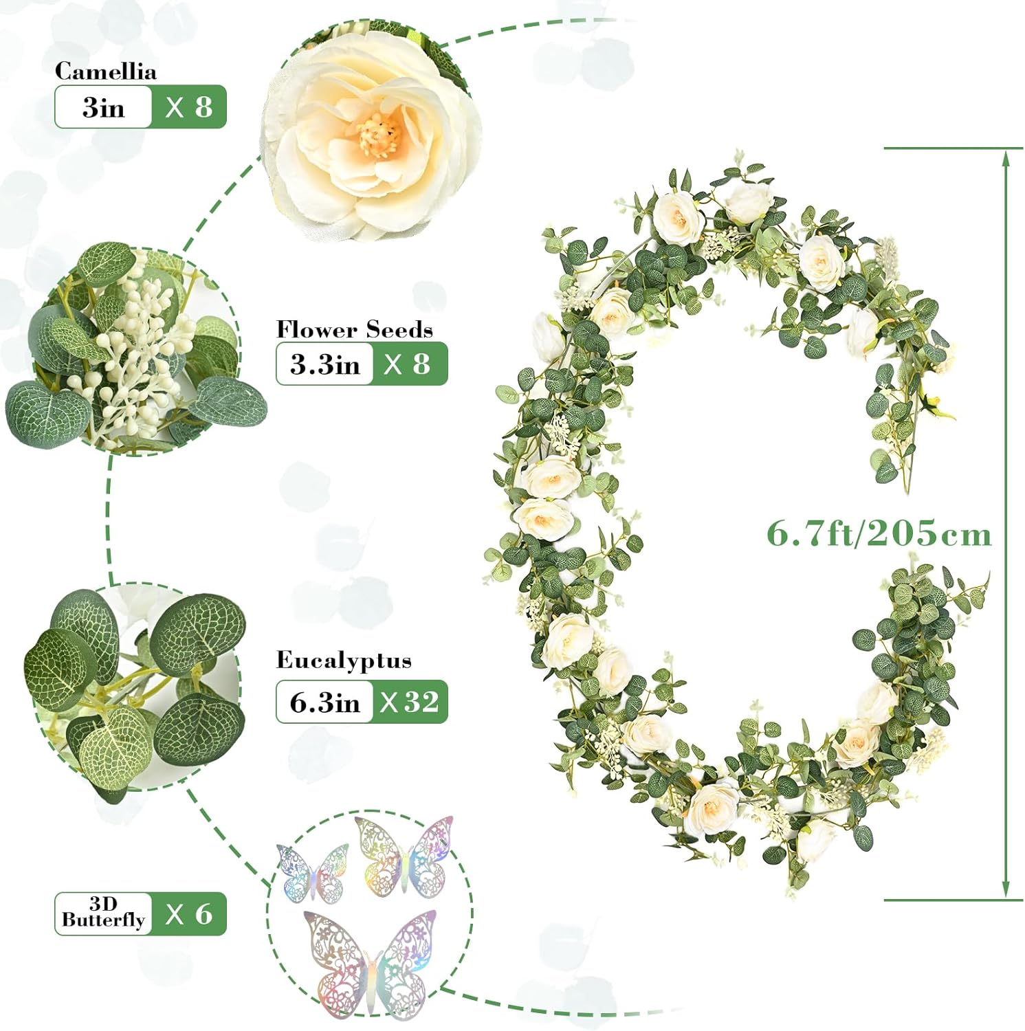 Yastouay 2 Pcs 13.4 Ft Flower Garland with Butterfly, Artificial Eucalyptus Garland with Champagne Flowers Fake Rose Camellia Vine for Table Centerpiece Wedding Baby Shower Room Backdrop Decor