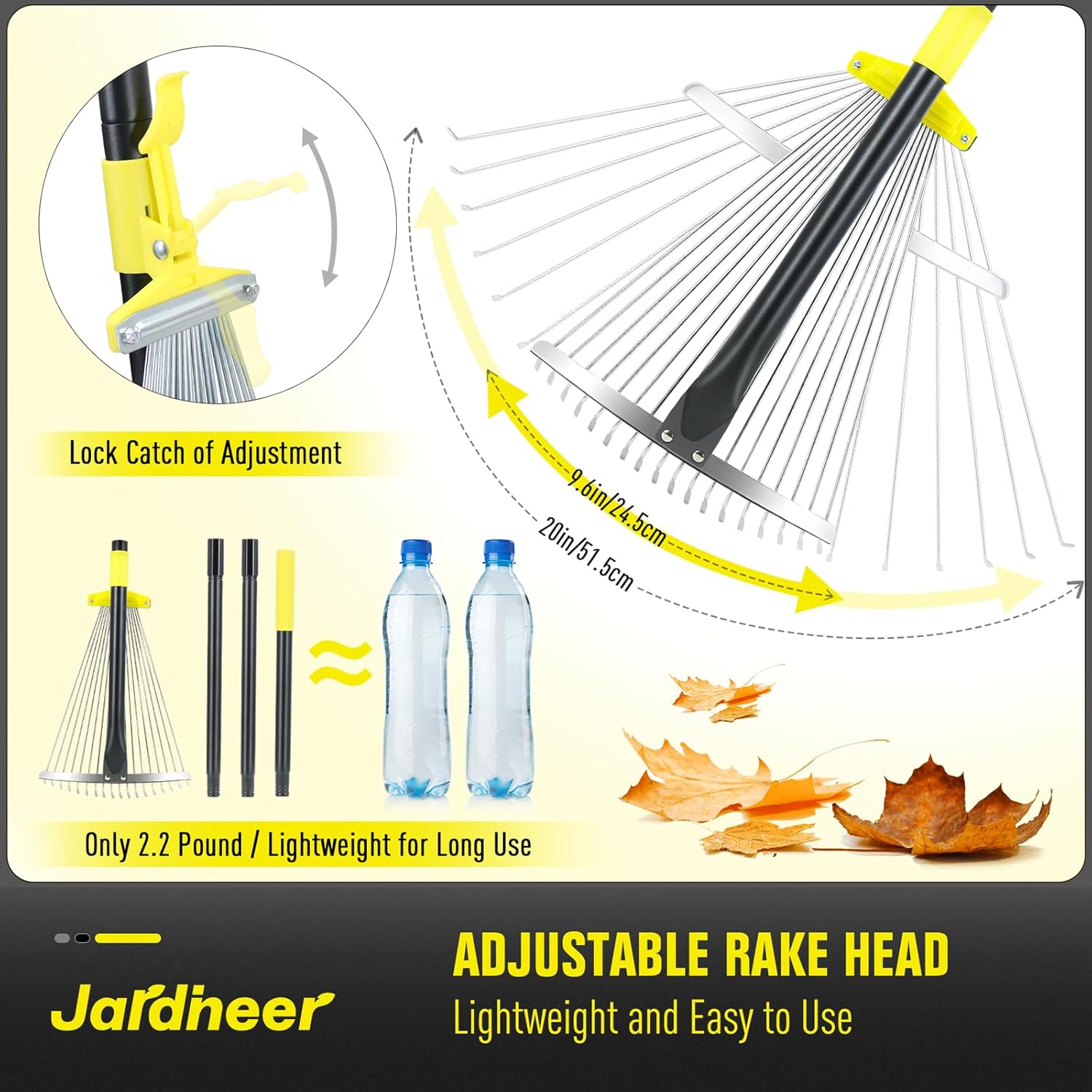 Jardineer Garden Rake for Leaves - Adjustable Metal Leaf Rake with Expandable Head and 59 Inch Long Handle, Yard Rake for Leaves, Debris, Tight Spaces and Yard Waste Removal