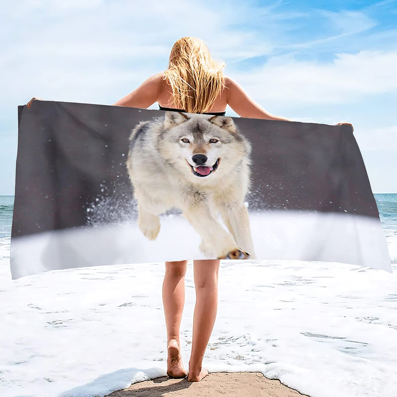 KINITA Serviette de Plage 200x200 cm Loup, Serviette de Plage Grande Microfibre Enfants Femme Homme, Serviette de Bain, Drap de Plage Légère Portable pour Natation Voyage