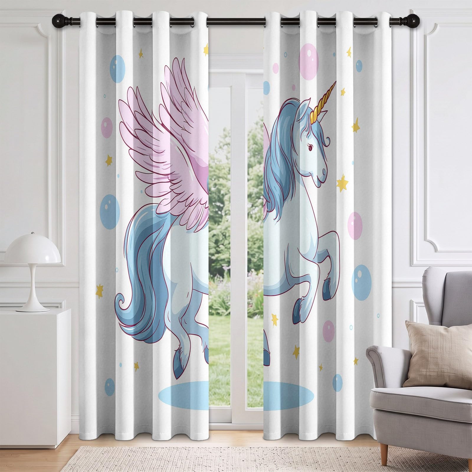 Générique Rideau Licorne Opaque 100% Occultant 2 Panneaux 132Lx240H cm, Isolant Thermiques Anti Froid Chaleur, Rideaux Conte Fées Mignon Chambre Fille Chambre Salon, avec Oeillets