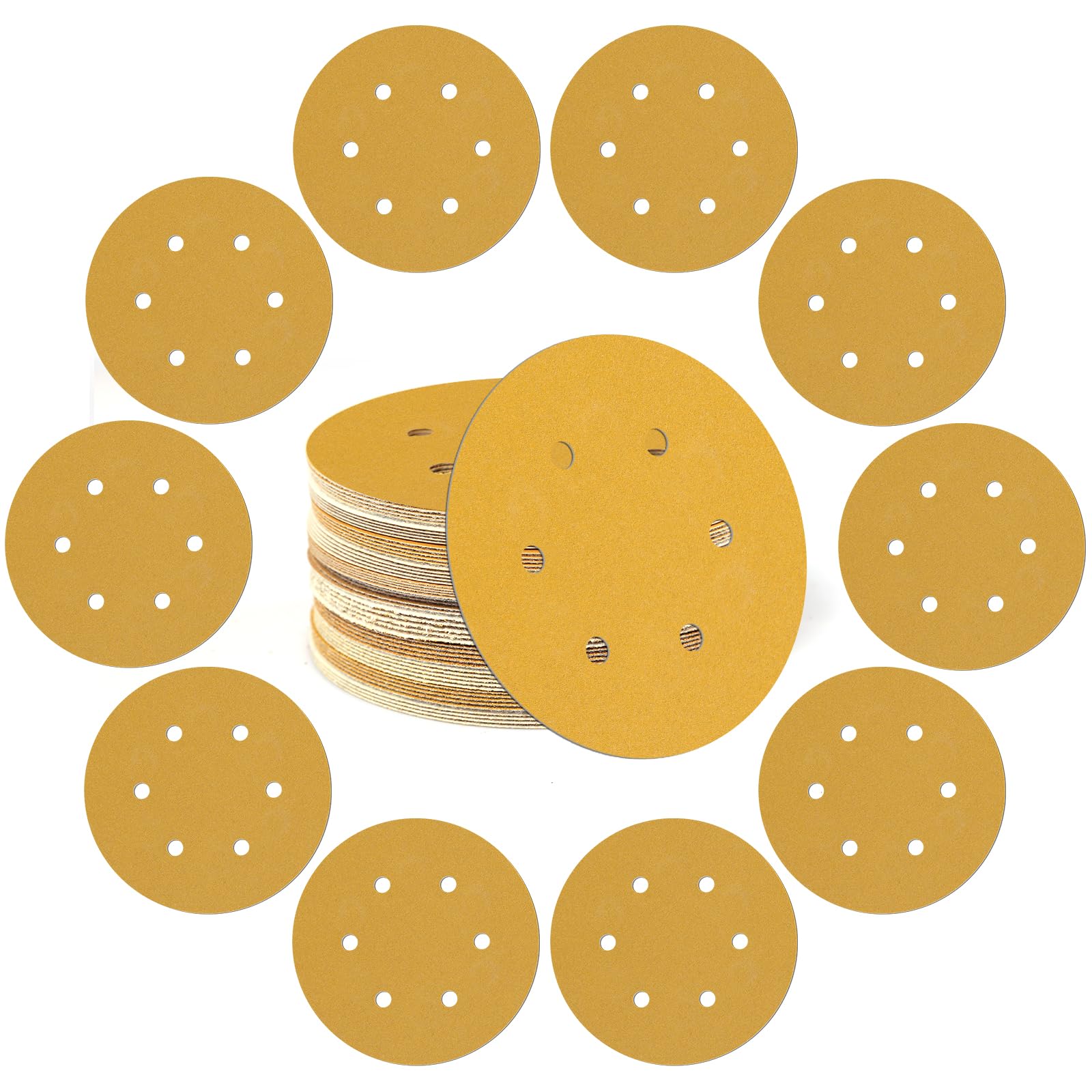 50PCS 6 Inch 120 Grit Hook and Loop Sanding Discs - Ideal for Orbital Sanders in Woodworking and Automotive Projects - Gold Sanding Discs for Finishing Hardwood Surfaces