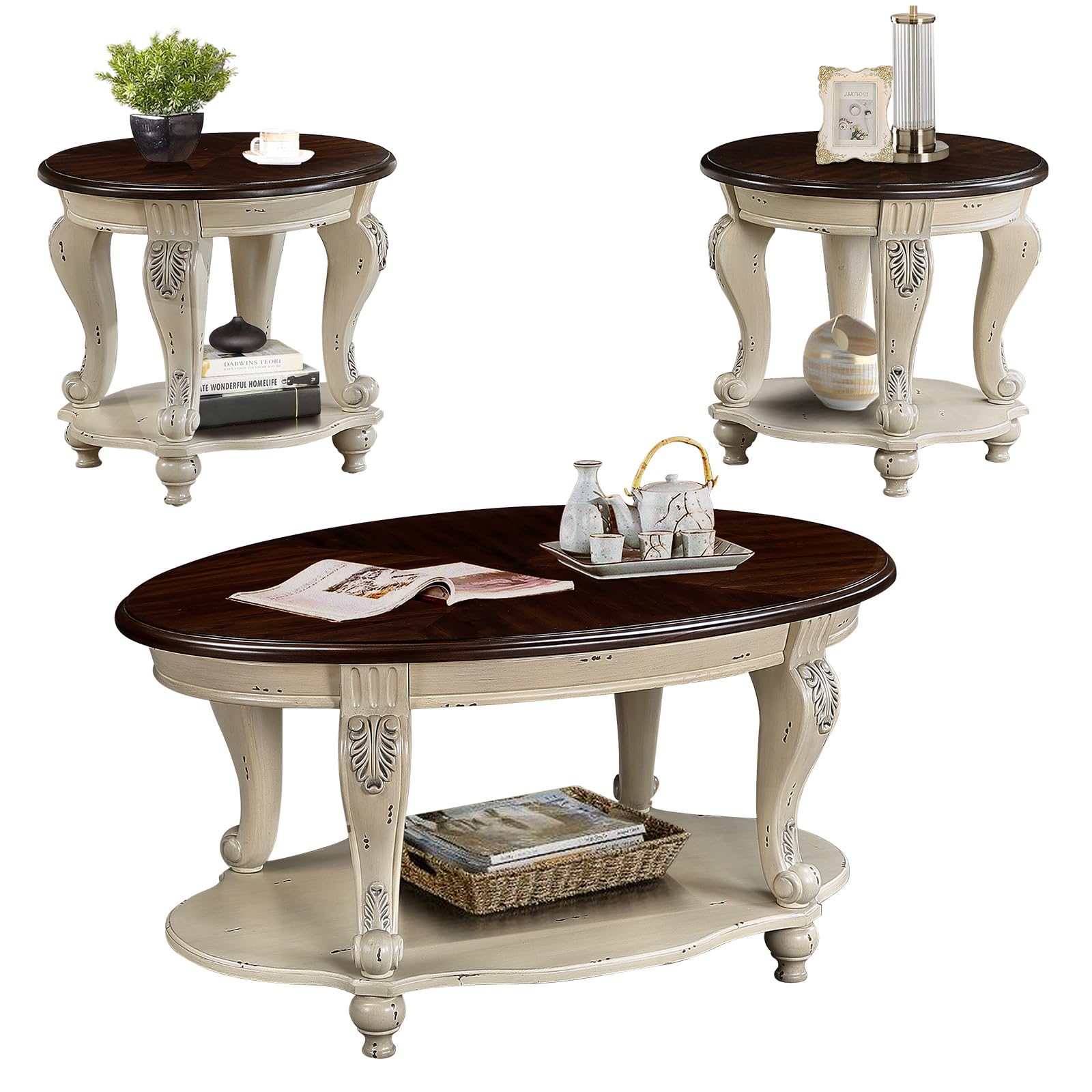 LKTART Oval Coffee Tables Set of 3, Vintage Wood Coffee Table with Carved Wood Legs, Antique Living Room Table Set(Beige and Espresso Top)