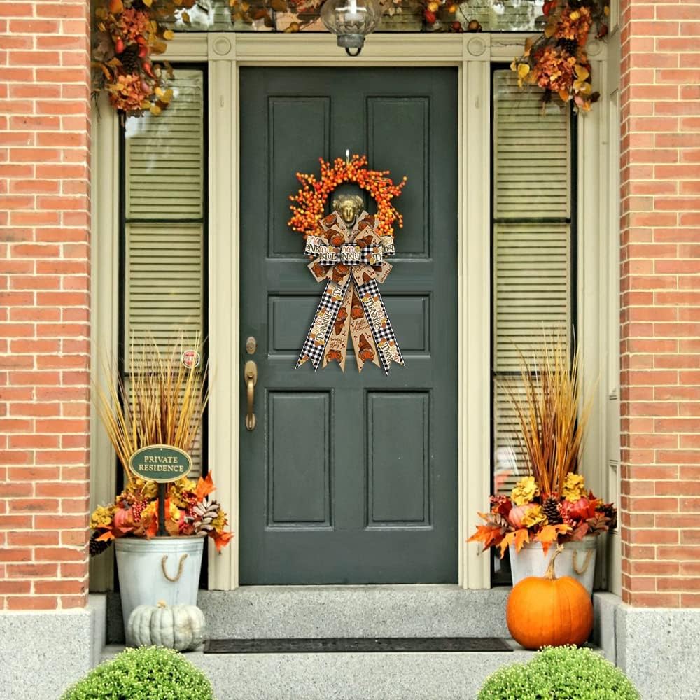 Large Fall Bows for Wreath, Thanksgiving Pumpkin Wreath Black Orange Buffalo Plaid Autumn Gnomes Burlap Tree Topper for Front Door Fall Thanksgiving Day Decorations