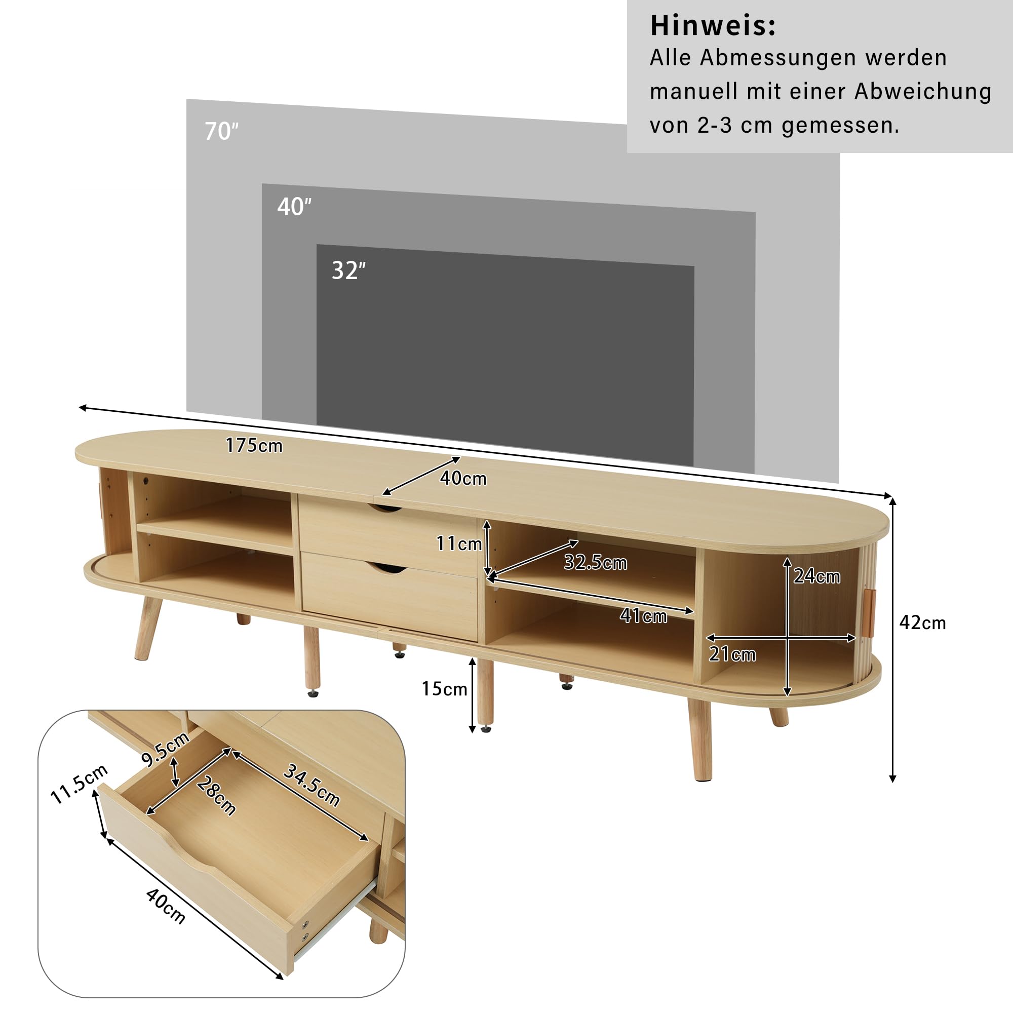 Mueble para TV de salón con espacio de almacenamiento + tablero de fibra de densidad media redonda de grano de madera, 2 cajones, capacidad de carga 30 kg, tamaño 175 x 40 x 42 cm