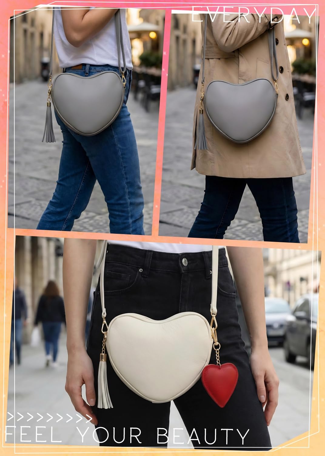 modamoda de T267 Borsa a tracolla da donna in pelle a forma di cuore, made in Italy