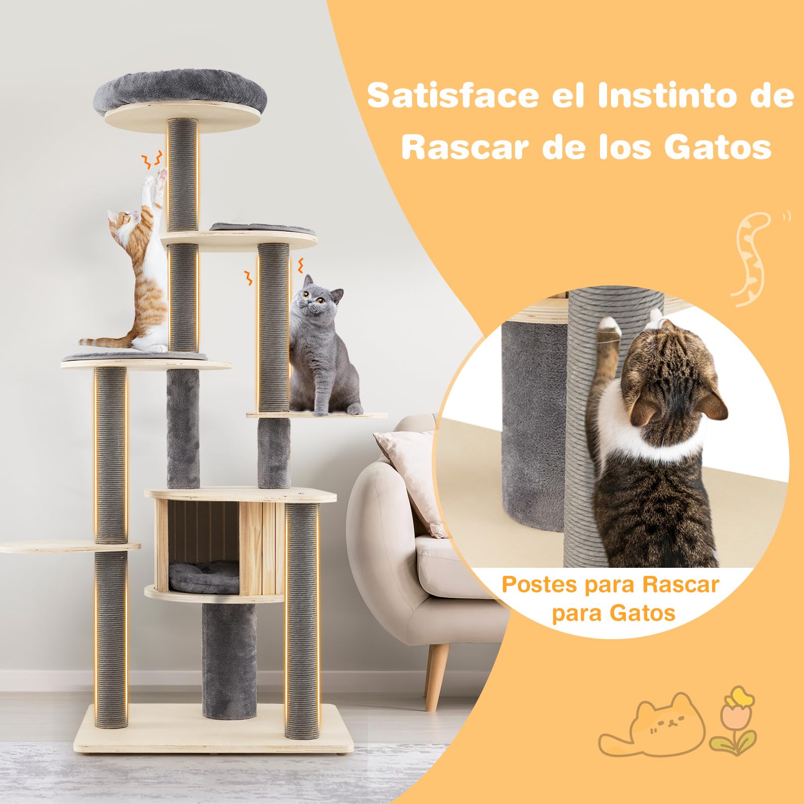 COSTWAY Árbol Rascador para Gatos Grandes de 197 cm, Torre de Escalador para Gatos de Múltiples Niveles con Acolchado Superior, Casa, Alfombrillas Desmontables, Postes para Rascar, Base Estable, Gris