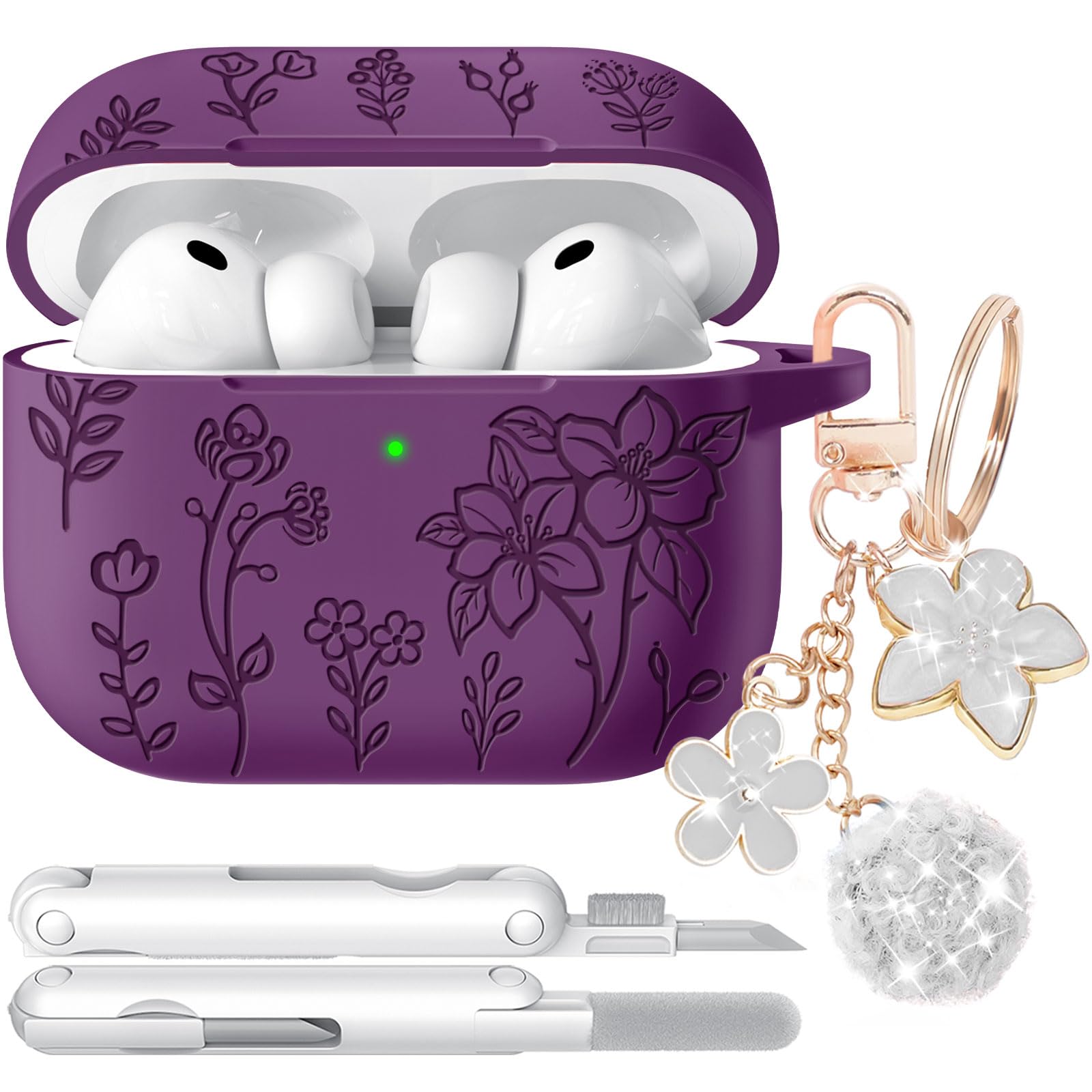 for Airpods Pro 3 Case, Flower Engraved Case Cover Compatible with AirPods Pro 3rd Generation 2025, Soft Silicone Cases with Cute Keychain &amp; Cleaner for Women Girly, Shockproof
