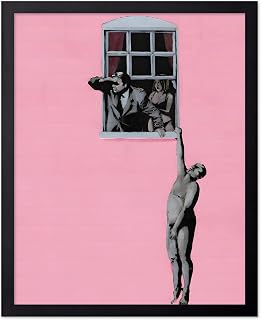 Poster Master Well Hung Lover Poster - Naked Man Hanging From Window Print - Naked Man Illustration Art - Banksy Piece - Great Living Room or Bedroom Decor - 11x14 Black Framed