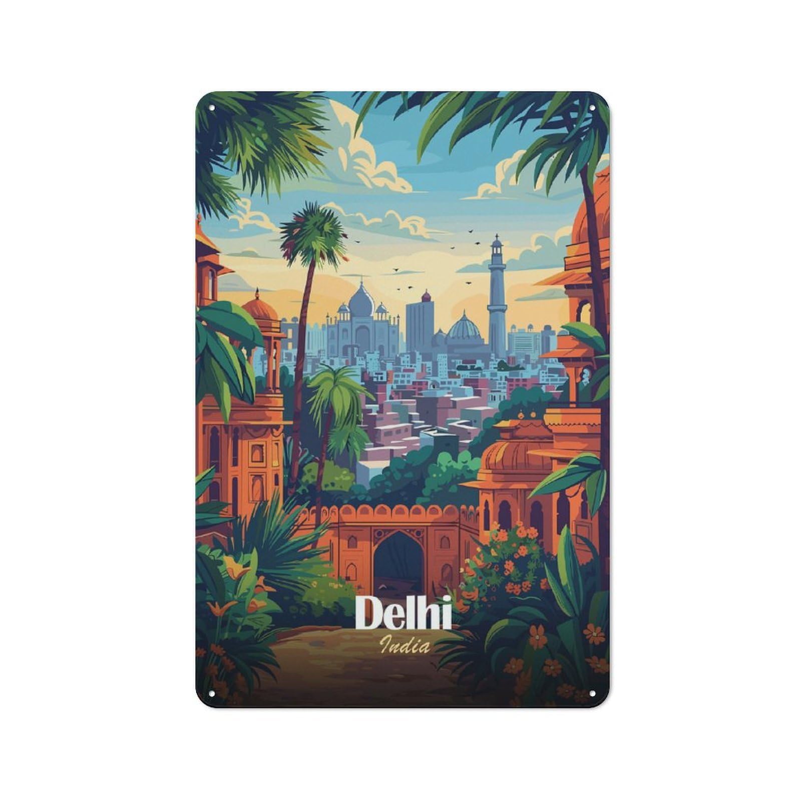 Junmoney Style-10 Delhi, India Cityscape Illustration Printed Metal Sign 30X20cm For Kitchen Or Home Bar, For Kitchen, Dining Room And Home Bar Wall Decor