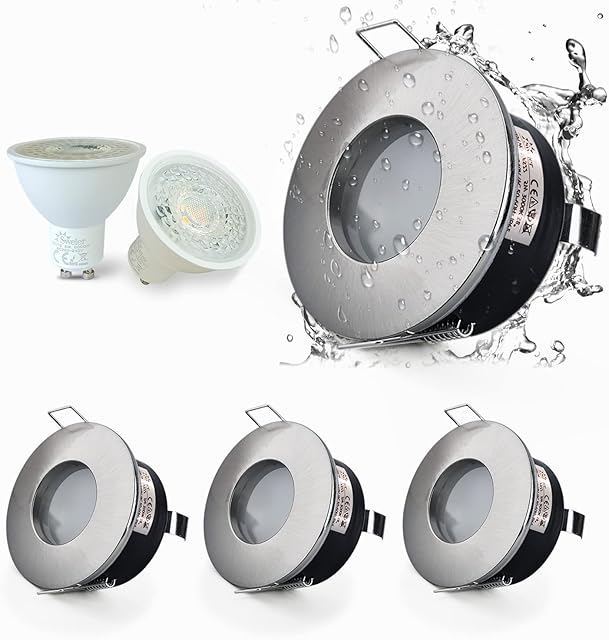 4XSweier LED Recessed IP65 Waterproof Downlight with LED GU10 Cool White 6000K GU10 Base for Bathroom and Kitchen Ceiling Spotlight, Downlight Cutout 68mm Non Dimmable