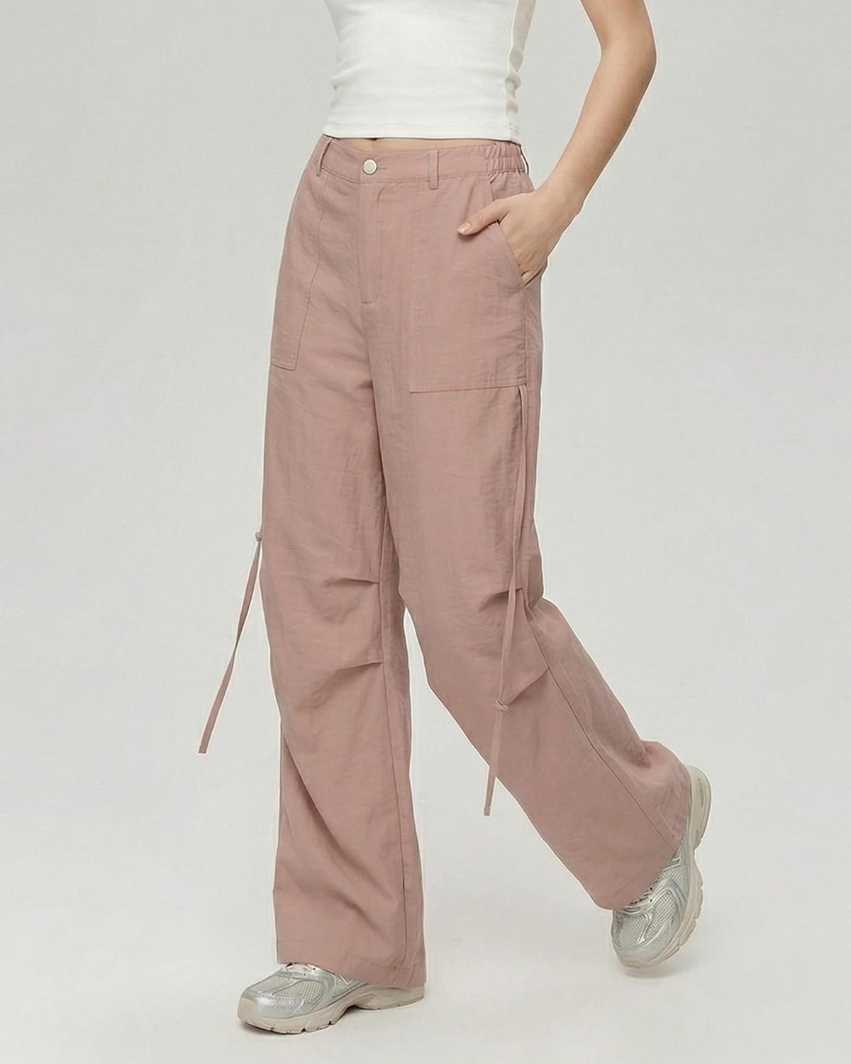 Drawstring Baggy Pleated Pants Women Casual Wide Leg High Waist Drawstring Beach Summer Trousers 2026