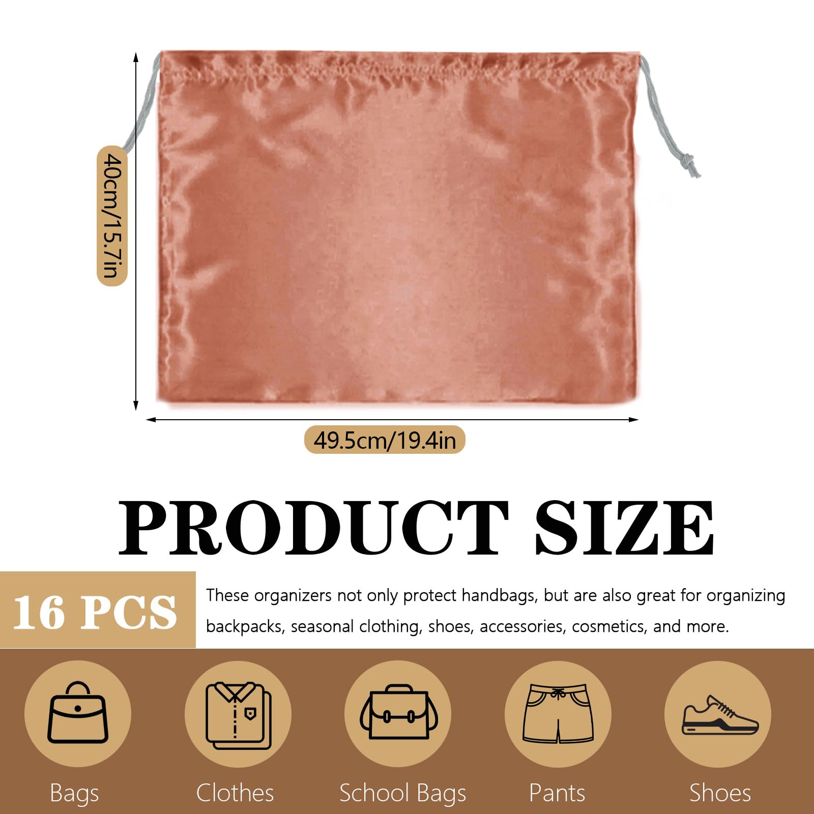 Lot de 16 housses de sac à main en soie anti-poussière avec cordon de serrage pour sacs à main, chaussures, sacs à main, bottes (noir), rose gold, Fashions